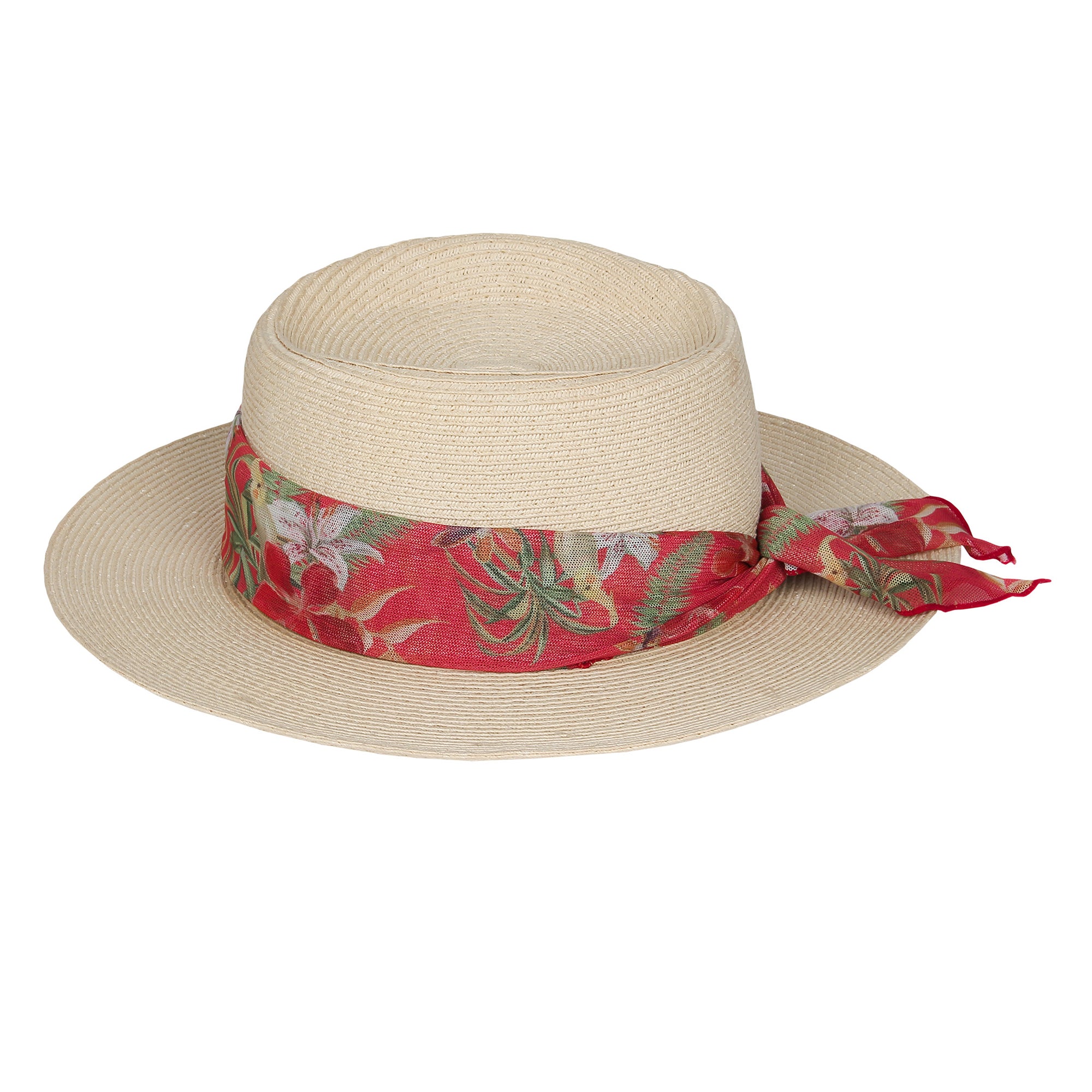 Lenço Estampado Flores Vermelhas amarrado em um chapéu de palha de praia da Lili Sampedro Moda Praia Família